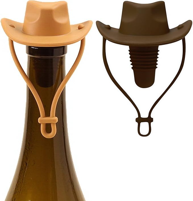 Silicone Wine Stoppers, Cowboy Hat Wine Bottle Stopper Sealer, Keeps Fresh for 15 Days, Home Decoration and Winer's Gifts (2, Coffee+Light Brown)