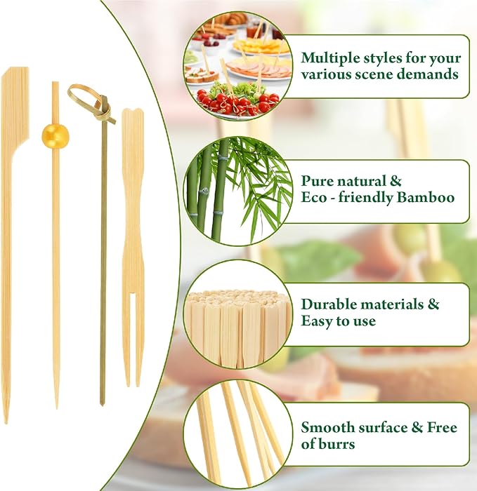 1000PCS Cocktail Picks Kit, 4 Styles Fancy Toothpicks for Appetizers, 3 Sizes Long Bamboo Skewers, Decorative Wooden Cocktail Sticks for Party Supplies Food Drink Fruit Charcuterie Boards Accessories