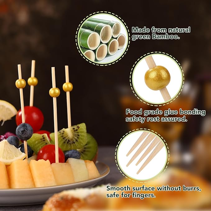 200 PCS Premium Cocktail Picks, 4.7 Inch Long Cocktail Toothpicks Skewers for Appetizers，Fancy Cocktail Appetizer Pick Sticks Skewers for Drinks, Garnish，Fruit，Birthday, Wedding or Parties（Gold）