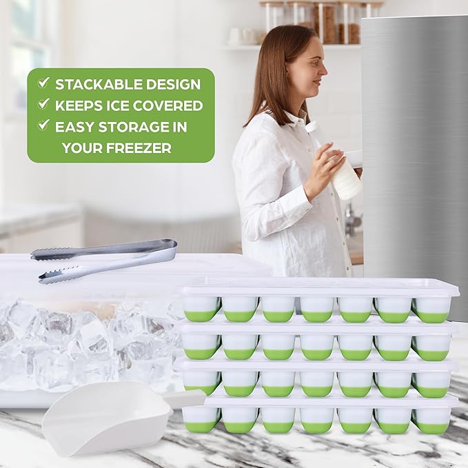 Ice Cube Tray Set with Lids & Bin, 4 Silicone Ice Trays with Scoop & Tongs, BPA Free Ice Maker for Whiskey, Cocktails, Coffee & Freezer Storage
