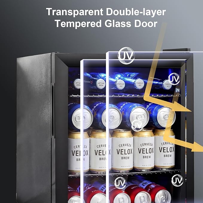 Mini Beverage Refrigerator - Small Beverage Fridge with Glass Door for Soda Beer Wine – Countertop Drink Cooler for Home, Dorm, Office or Bar, Electronic Temperature Control，1.4cu.ft.Black