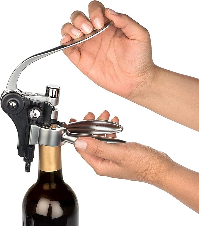 Black Leather 5-Piece Wine Tool Gift Set (includes bottle opener, corkscrew, bottle stopper, drip collar, decanting pourer, foil cutter in velvet lined gift box)