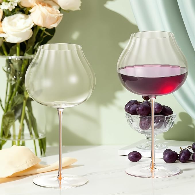 KAMMAK Wine Glasses Set of 2, 24.69 oz Hand Blown Crystal Bordeaux Wine Glasses, Thin Rim & Long Stem, Perfect for Red & White, Daily Use, Wedding or Birthday Gift with Gift Box, Onion Top Orange
