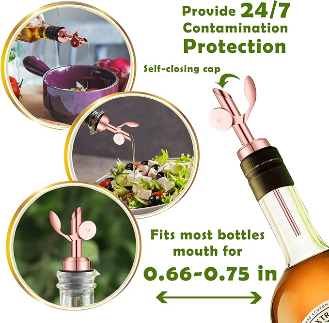 WAFJAMF 4 Pcs Weighted Stainless Steel Bottle Pourers, Self Closing Olive Oil Dispenser Spout, Auto Flip Feature Liquor Pour Spouts for Pours Liquid, Olive Oil, Wine, Vinegar（Rose Gold）