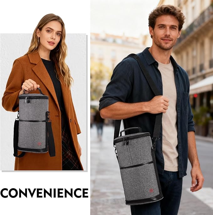 ALLCAMP 2 Bottle Wine Tote Carrier - Insulated Portable Padded Canvas Wine Bag for Travel, BYOB Restaurant, Wine Tasting, Party, Great Christmas Day Gift for Wine Lover，Gray
