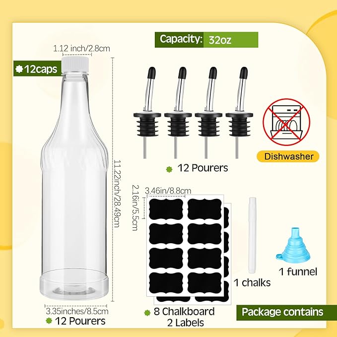 Dandat 24 Pieces 32 oz Plastic Long Neck Bottles with Pourer and Caps Plastic Juice Pour Bottles with Stainless Steel Pourers Tapered Spout for Liquor (Silver)