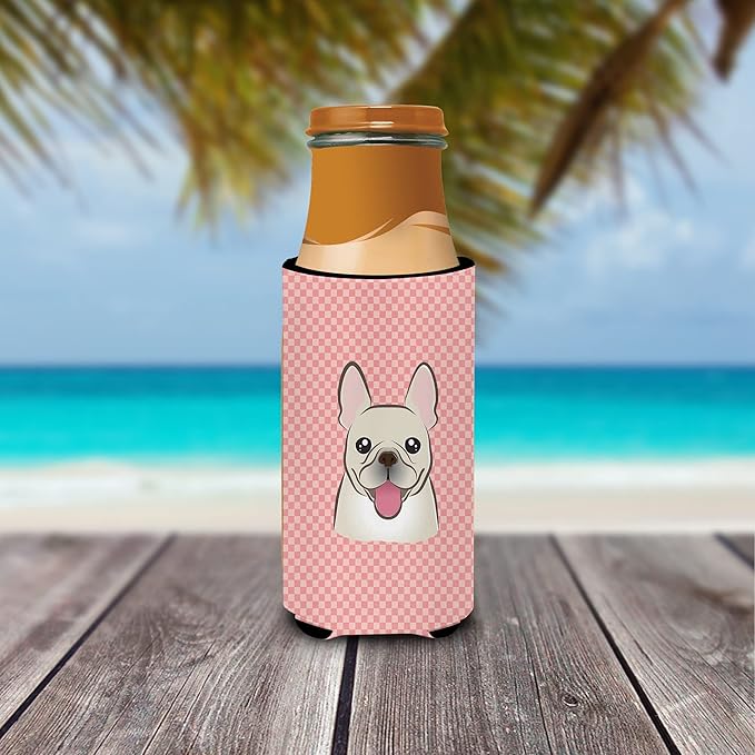 Checkerboard Pink French Bulldog Ultra Beverage Insulators for slim cans