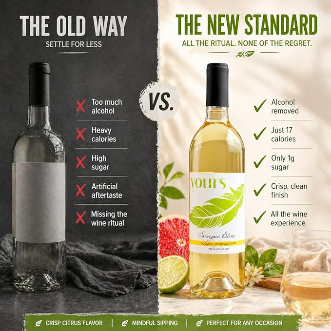 YOURS Non-Alcoholic White Wine – Sauvignon Blanc, Alcohol-Removed 750mL Bottle, Crisp Citrus Lime & Grapefruit Notes, Low Sugar, Low Calorie, Serve Chilled