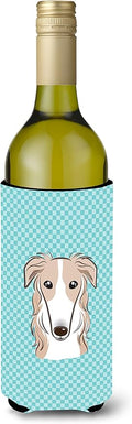 Caroline's Treasures BB1166LITERK Checkerboard Blue Borzoi Wine Bottle Hugger Bottle Cooler Sleeve Hugger Machine Washable Collapsible Insulator Beverage Insulated Holder