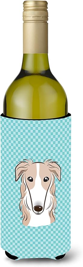 Caroline's Treasures BB1166LITERK Checkerboard Blue Borzoi Wine Bottle Hugger Bottle Cooler Sleeve Hugger Machine Washable Collapsible Insulator Beverage Insulated Holder
