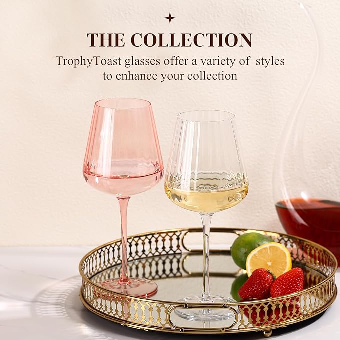 Pink Ribbed Wine Glasses Set of 4-20oz Hand-Blown Fluted Glassware, Lead-Free Crystal Vintage Ripple Texture Red Wine Glasses, Perfect Gifts for Weddings, Birthday, Special Occasions
