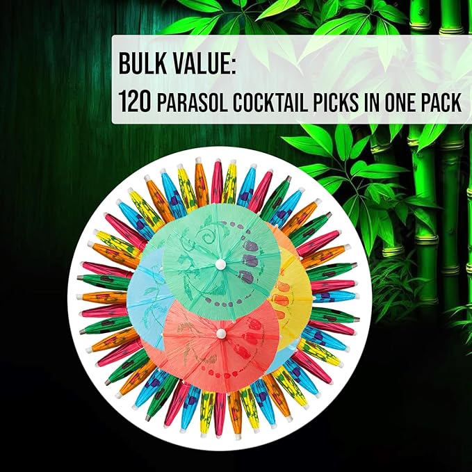 120Pcs Assorted Bamboo Wooden Cocktail Umbrella Picks - 3.9in (10cm) Colorful Parasol Toothpicks for Tropical Drinks, Cupcake Toppers, Tiki Bars, Pool Parties, Luaus, and Summer Events - by Mobi Lock