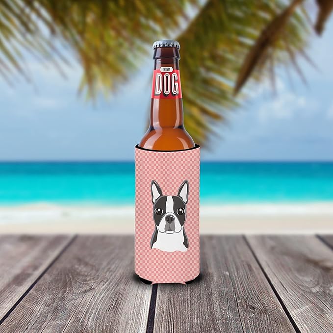 Checkerboard Pink Boston Terrier Ultra Beverage Insulators for slim cans BB1203MUK