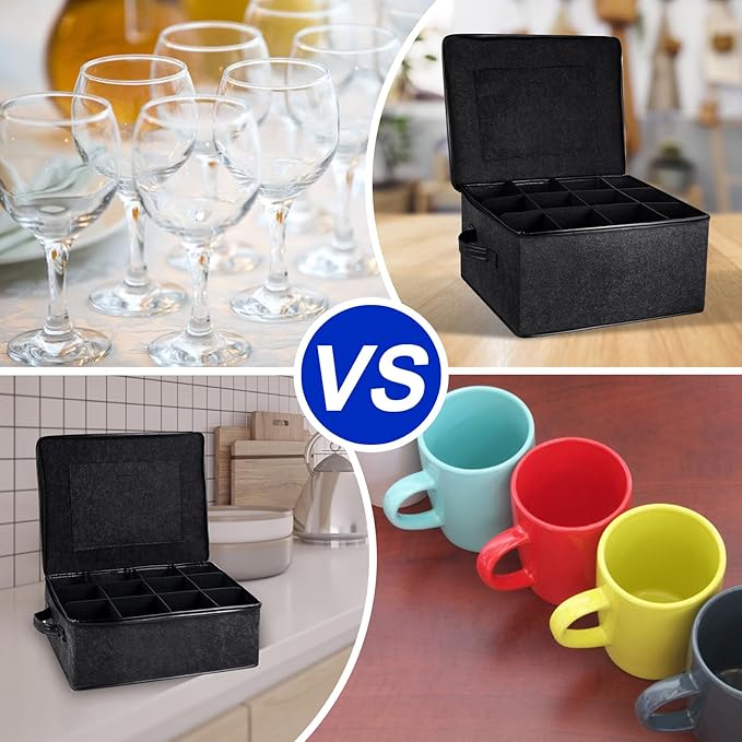 2 Pack Glass Storage Box with Dividers for Mugs & Glassware Coffee Cup Kit Stemware Storage Containers for Packing and Moving 12 Crystal Glassware, Wine Glasses, Drinkware (Gray)