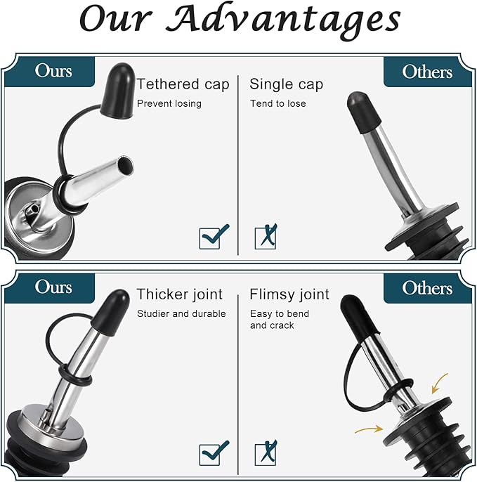 AOZITA Liquor Pour Spout, Stainless Steel Liquor Bottle Pourers with Rubber Dust Caps for Alcohol, Olive Oil, Liquor Pourers with Dust Caps, Speed Pourers, Bar Bartender Accessories (2)