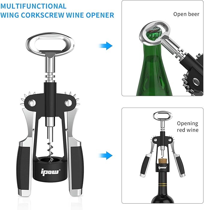 IPOW Wine Opener, Zinc Alloy Wine Bottle Opener, Wing Corkscrew Heavy Duty, Manual Multifunctional Cork Screw for Waiter,