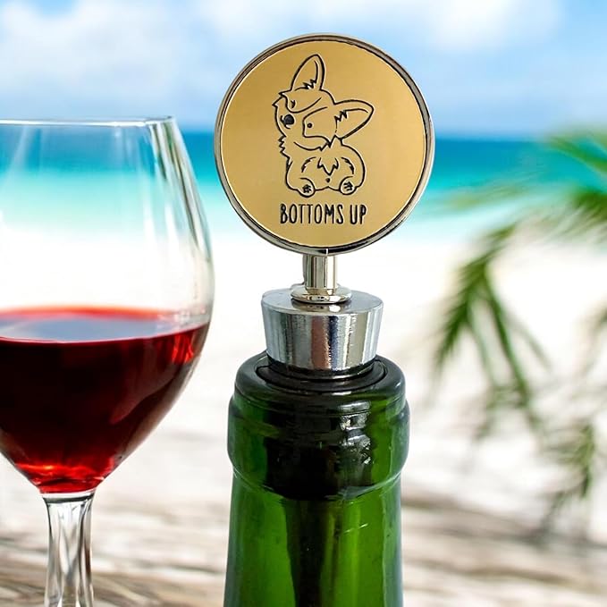 Jazzy Jade Designs Funny Corgi/Dog Wine Stopper – “Bottoms Up!” Cute Laser Engraved Zinc Alloy & 100% Food-Grade Rubber Bottle Stopper – Novelty Wine Gift for Dog Lovers, Made in USA