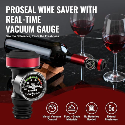 2 Pack Wine Vacuum Saver Sealer with Real-Time Pressure Gauge, Reusable Bottle Stoppers for Red & White Wine Preservation - Airtight Seal, Keep Fresh 5X Longer (Includes Hand Pump)