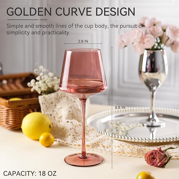 Rose Wine Glasses Set of 6,18oz Rose Wine Glassware Gift Set for Wife & Mom-Colorful Hand Blown Glass Drinkware for Red White Wine