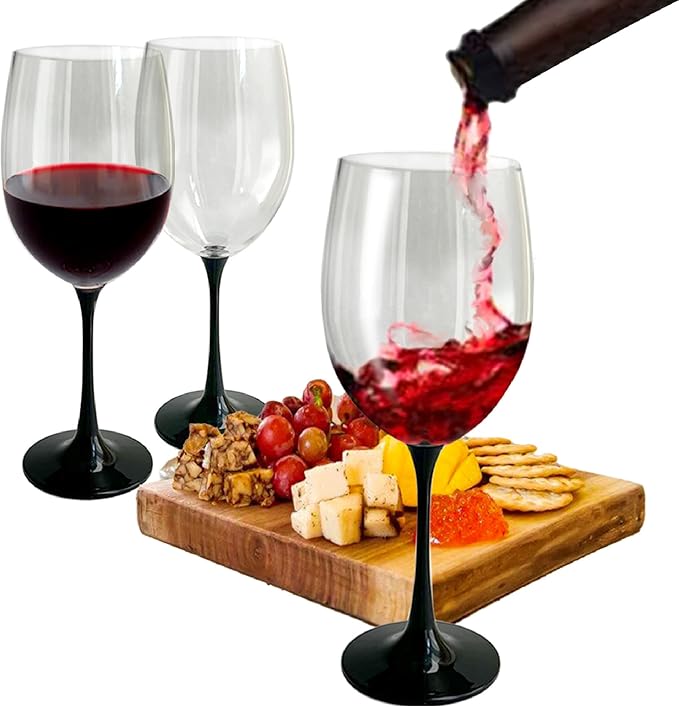 Lily's Home Unbreakable Stemmed Red Wine Glasses, Made of Non Breakable Shatterproof Plastic, Indoor and Outdoor Drinkware, Reusable and Dishwasher-Safe, 22 oz. Each, Set of 4 (Black Stem)
