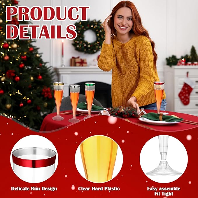 Jingmore 36 Pcs Plastic Champagne Flutes 4.5 oz Clear Disposable Wine Glasses Cocktail Cup Champagne Glass for Wedding Graduation Summer Party Favor Mimosa Bar Supplies (Green,Red,Silver,Gold)