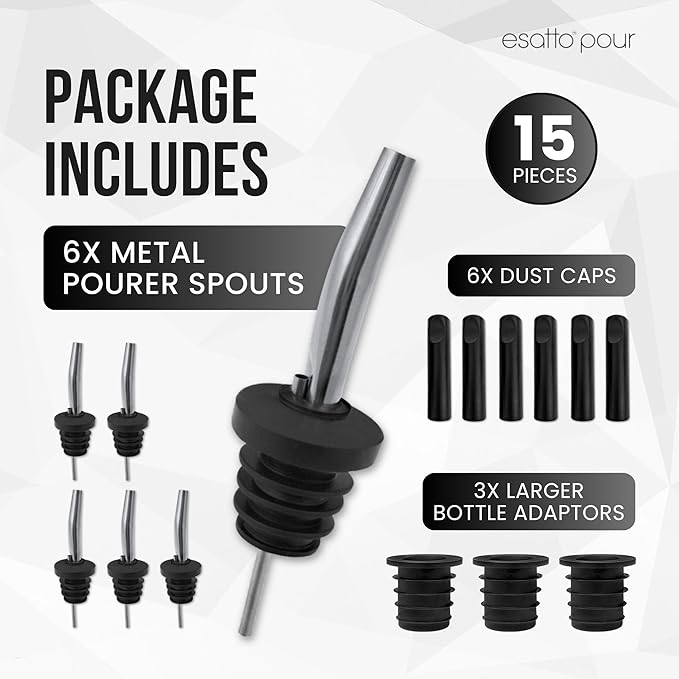 Stainless Steel Liquor Bar Bottle Pourers - Drip-Free Nozzle - Pour Spouts for Alcohol & Bartending - Universal Fit Speed Spout - Rust-Free & Easy Clean - Chrome (6 Pack)