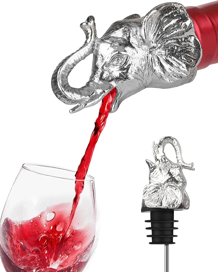 Elephant Wine Bottle Pourer – Animal Liquor Pour Spout, Drip-Free, Universal Fit Stopper with Leak-Proof Silicone, Zinc Alloy Head & Stainless Tube for Wine Whiskey Tequila, Bar & Gift for Wine Lovers