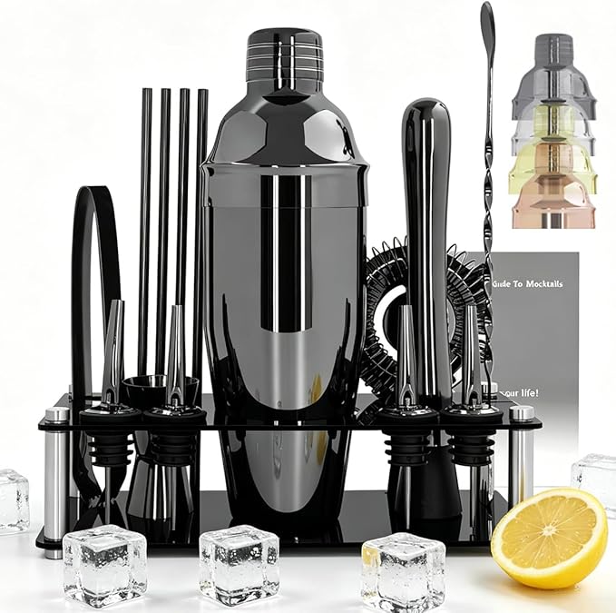 14-Piece Cocktail Shaker Set with Stand, Bartender Kit, 25oz Shakers, Bar Set Cocktail Shaker Set, Jigger for Bartending Kit, Drink Mixer Set, Cocktail Set Recipes Booklet Home, Bar, Party (Black)
