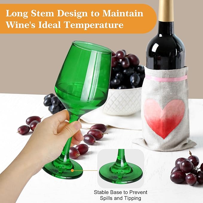 Green Wine Glasses Set of 6, 14oz Stemmed Glasses, Thick & Colored, Dishwasher Safe Stemware for Red or White, Gift for Party, Holiday, Anniversary, Restaurant, Home Bar, Daily Use
