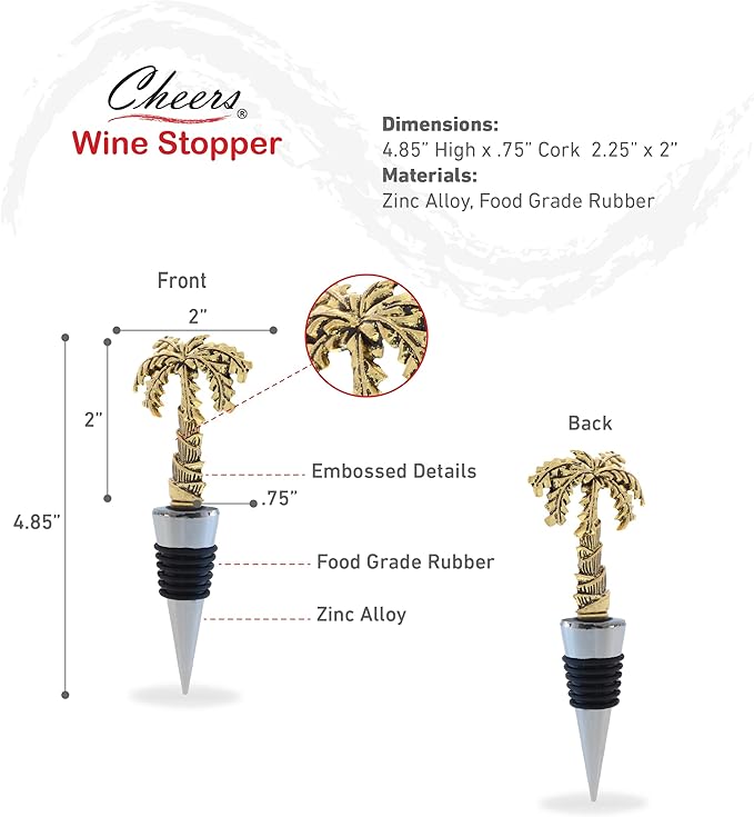 Cheers Gold Palm Tree Metal Wine Stopper - Elegant Vacuum Seal Reusable Tropical Beach Wine Bottle Stopper Airtight Leak Proof Bottle Topper Cork Plug, Home Decor & Bar Tool Accessory Unique Gift