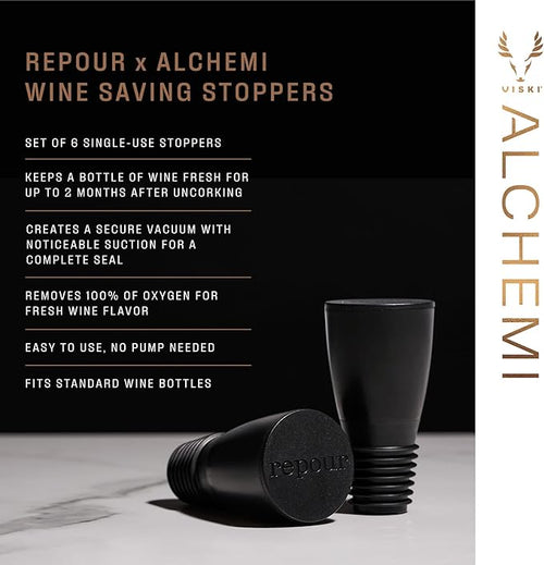 Alchemi Repour Wine Saver Stoppers - Easy to Use Vacuum Seal Stoppers - Removes Oxygen - Set of 6