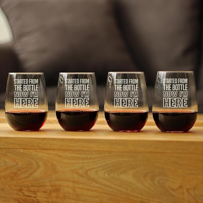 Bevvee Started From the Bottle – Funny Stemless Wine Glass, Large 17 Ounces, Etched Sayings, Gift Box - Set of 4