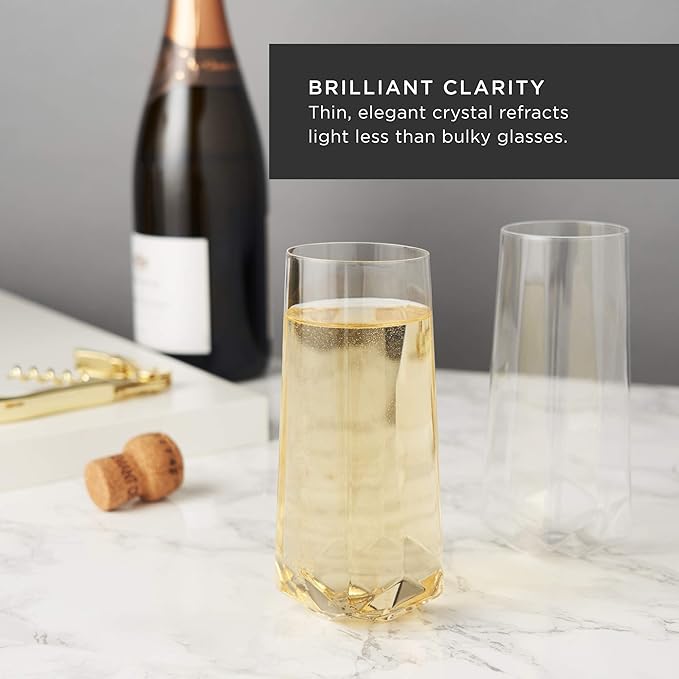 Viski Seneca Faceted Stemless Champagne Flutes, Crystal Clear Sparkling Wine Glasses for Prosecco, Sparkling Cocktails, Mimosas, Elegant Glassware for Wedding Gifts, Home Bar, 9 oz, Set of 2