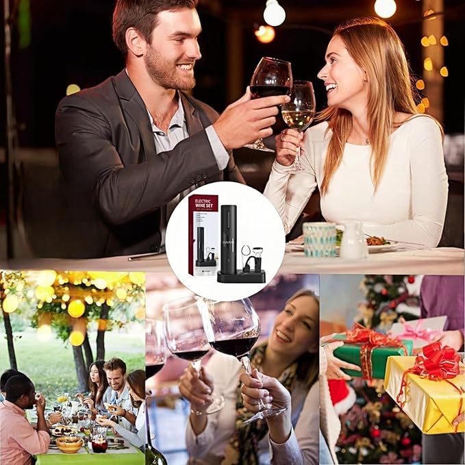 6-in-1 Electric Wine Opener Set - Rechargeable Automatic Corkscrew with Vacuum Sealer, Wine Aerator, Foil Cutter & Charging Base,Valentine's Day Gifts, Wine Lovers(Black)