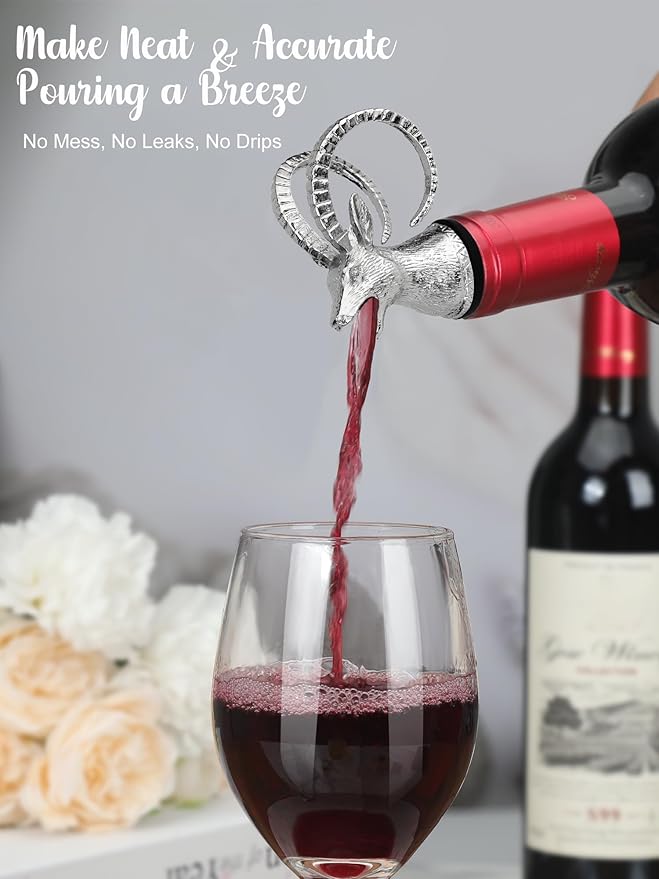 Ram Head Wine Pourer, Animal Wine Bottle Stopper and Liquor Pour Spout, Goat Antelope Wine Aerator with Silicone Rubber Fit, Metal Barware Gift for Wine Lovers, Fits Most Standard Bottles