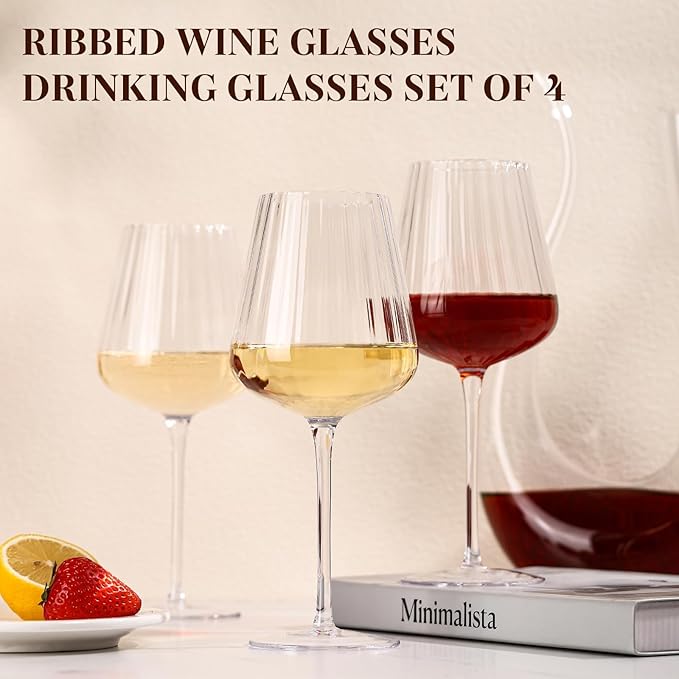 Ribbed Wine Glasses Set of 4-20oz Hand-Blown Fluted Glassware, Lead-Free Crystal Vintage Ripple Texture Red Wine Glasses, Perfect Gifts for Weddings, Birthday, Special Occasions