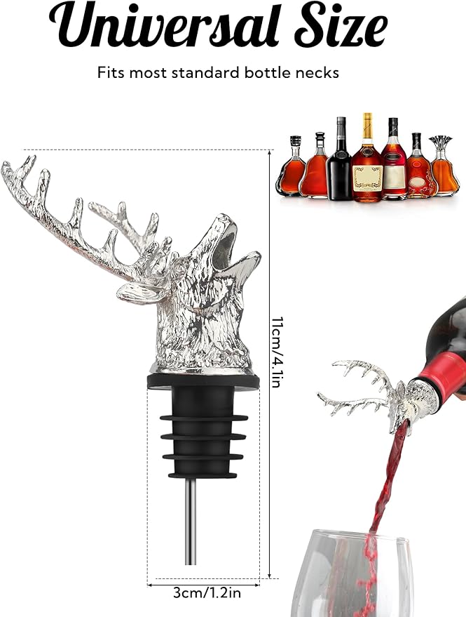 Deer Head Wine Pourer, Liquor Bottle Pour Spout with Leak-Proof Rubber Stopper, Zinc Alloy Metal, Universal Fit for Wine Whiskey Bourbon Olive Oil – Drip-Free Bar Pourer Gift for Men, Parties Holidays
