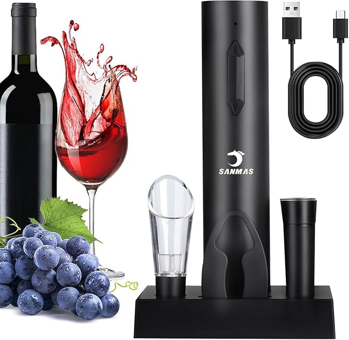 SANMAS Rechargeable Electric Wine Opener Set, 5-in-1 Automatic Corkscrew with Foil Cutter & Wine Aerator Pourer, 2 Vacuum Stoppers, Type-C Cable & Stand | Complete Wine Accessories Kit Gift Box
