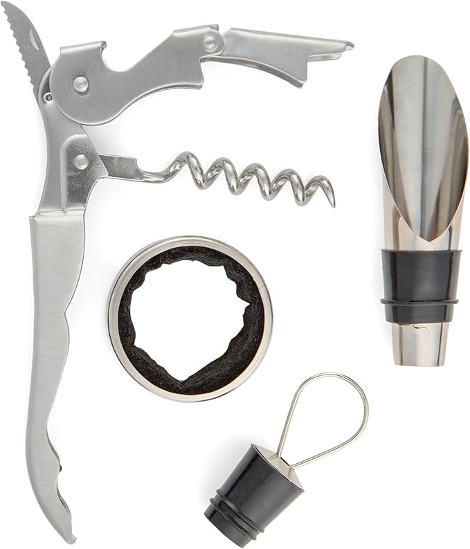 Kikkerland Wine Kit – Stainless Steel Tools for Home & Travel – Wine Pourer, Stopper, Drip Collar, & Corkscrew