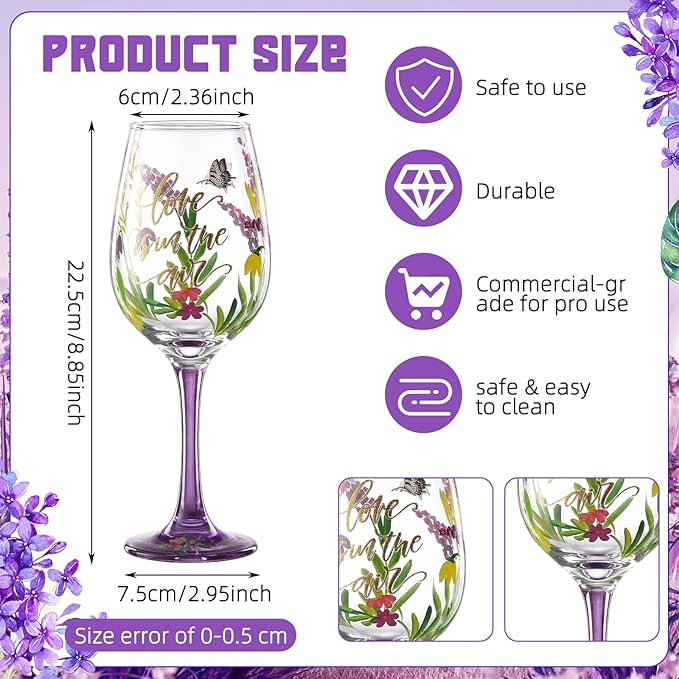 SiliFine 4 Pcs Mother's Day Party Stemmed Wine Glasses Hand Painted Purple Lavender Butterfly Drinking Cup Wine Glasses Gifts for Women Spring Birthday Theme Holiday Party Supplies