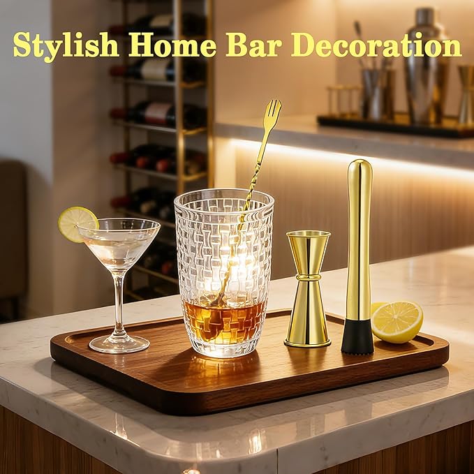 Cocktail Shaker Set - Gold Drink Shaker Bottle with Muddler Professional Martini Shaker Glass for Home Bartender 13.5 Oz Drink Mixer with Measuring Jigger and Built-In Strainer
