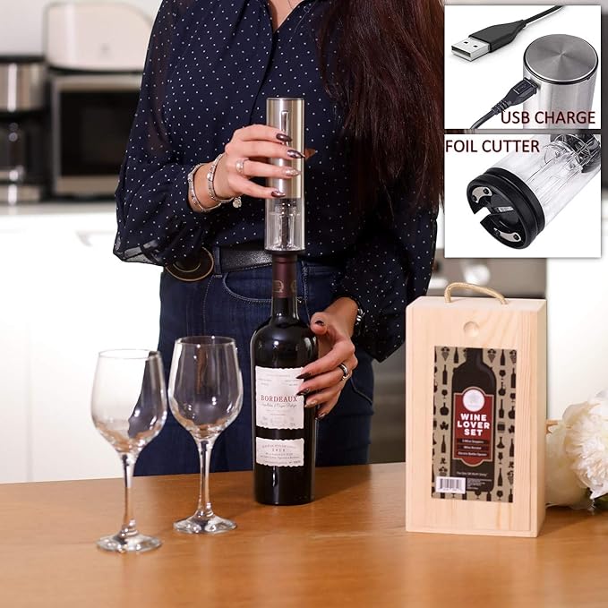 Wine Gifts Set – Wine Accessories Set w/Wooden Box- Wine Gift Set includes Rechargeable Wine Opener Set, Wine Aerator, Wine Stoppers & Pairing Guide- Wine Basket Gift - Valentine's Day Gifts for Women