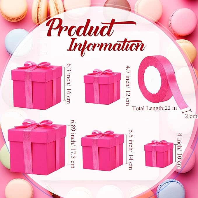 Cholemy 5 Pcs Square Nesting Boxes Decorative Gift Boxes with Lid and Ribbon Assorted Sizes Wrap for Wedding, Carnival, Anniversary, Birthday, Bridal Shower Party Gifts(Hot Pink)