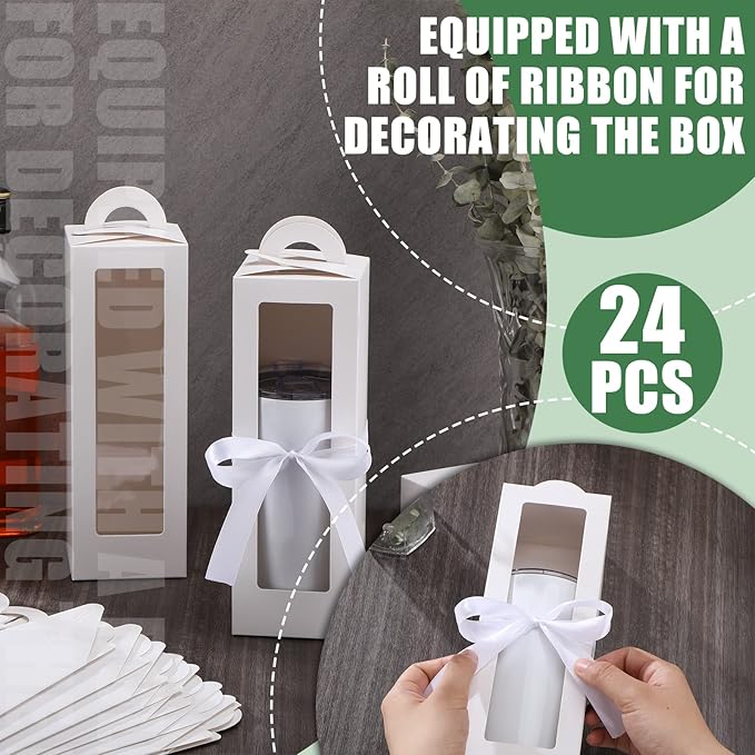 Ctosree 24 Pcs Tumbler Gift Box with Handle for 12oz 16oz 20oz 30oz Clear Wine Glass Gift Box Sublimation Tumblers Heat Press Blanks Bottle for Christmas Wrapping Packaging(White)