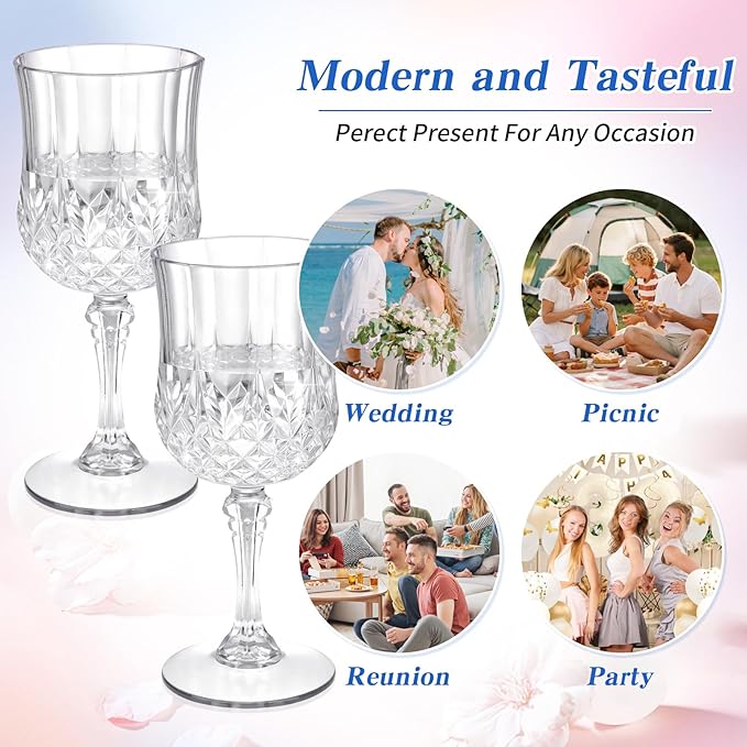 7OZ Plastic Wine Glasses, Disposable Goblets Drinking Glasses Crystal Vintage Water Cups Unbreakable Champagne for Wedding, Parties, Valentine's Day (Transparent)