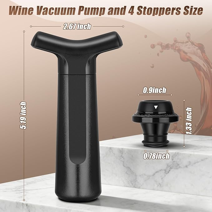 Wine Stopper, Wine Saver Vacuum Pump with 4 Reusable Stoppers, Wine Bottle Preserver & Sealer Keeps Fresh Longer, Ergonomic Handle, ideal Gift