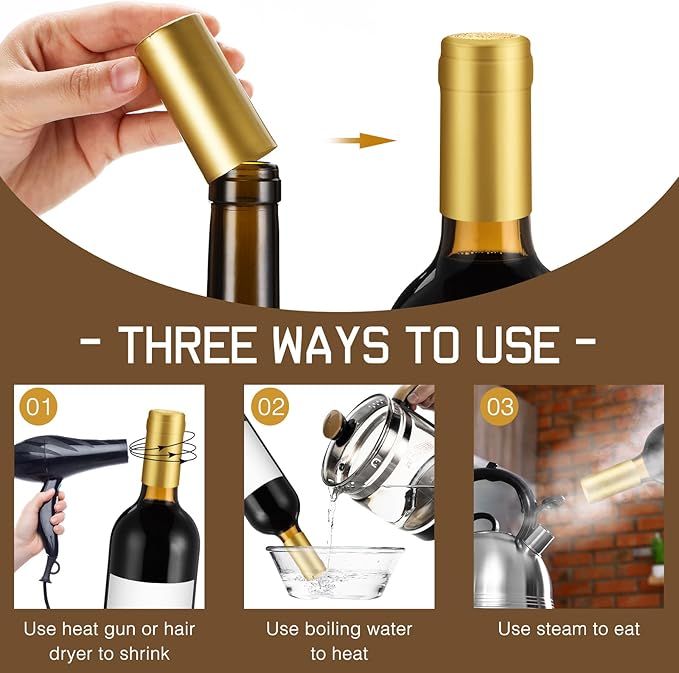 Maxdot 120 Count PVC Heat Shrink Capsules with Storage Box Wine Bottle Sealer for Cruise Shrink Wrap Bottle Corks Capsules for Professional Making Wine Cellars and Home(Red, Gold, Black)