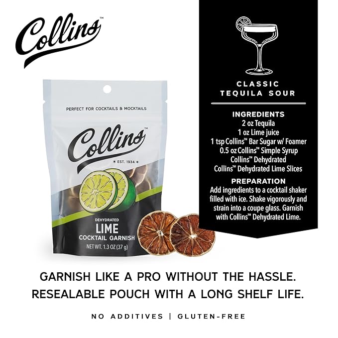 Collins Dehydrated Lime Cocktail Garnish Slices, 1.3 oz, Ideal for Margaritas, Mojitos, Mocktails, Desserts & More – Premium Drink & Food Garnish – 1.3 oz
