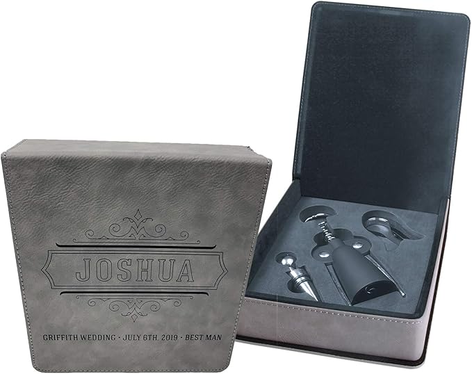 Personalized Leatherette 3 Piece Wine Tool Set (Gray w/Black)