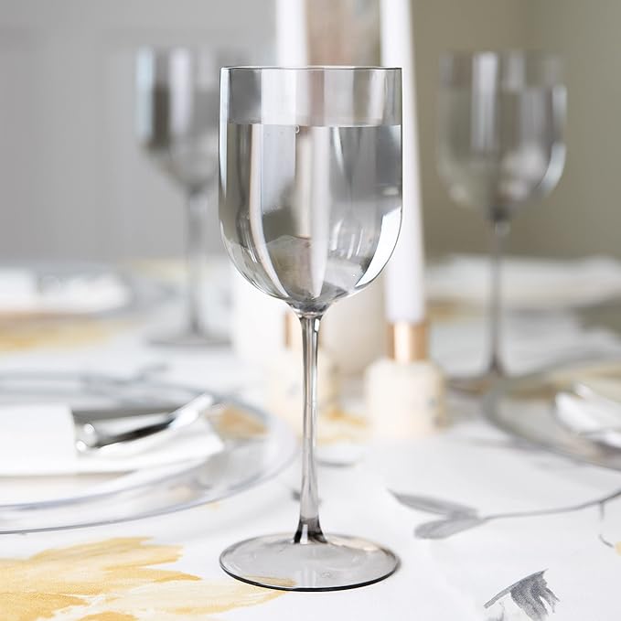 PLASTICPRO Smokey Grey Plastic Wine Glasses Set of 10 Elegant Wine Goblets Hard Plastic Wine Cups on Stem 12 Ounce